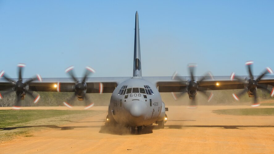 A Royal Canadian Air Force C-130J taxis to a parking spot in order to offload cargo during GREEN FLAG 16-04, Feb. 17, 2016, at the Geronimo Landing Zone on Fort Polk, La. Approximately 50 Canadians and two of their C-130Js participated in the large-scale, joint air mobility exercise. (U.S. Air Force photo/Senior Airman Harry Brexel)