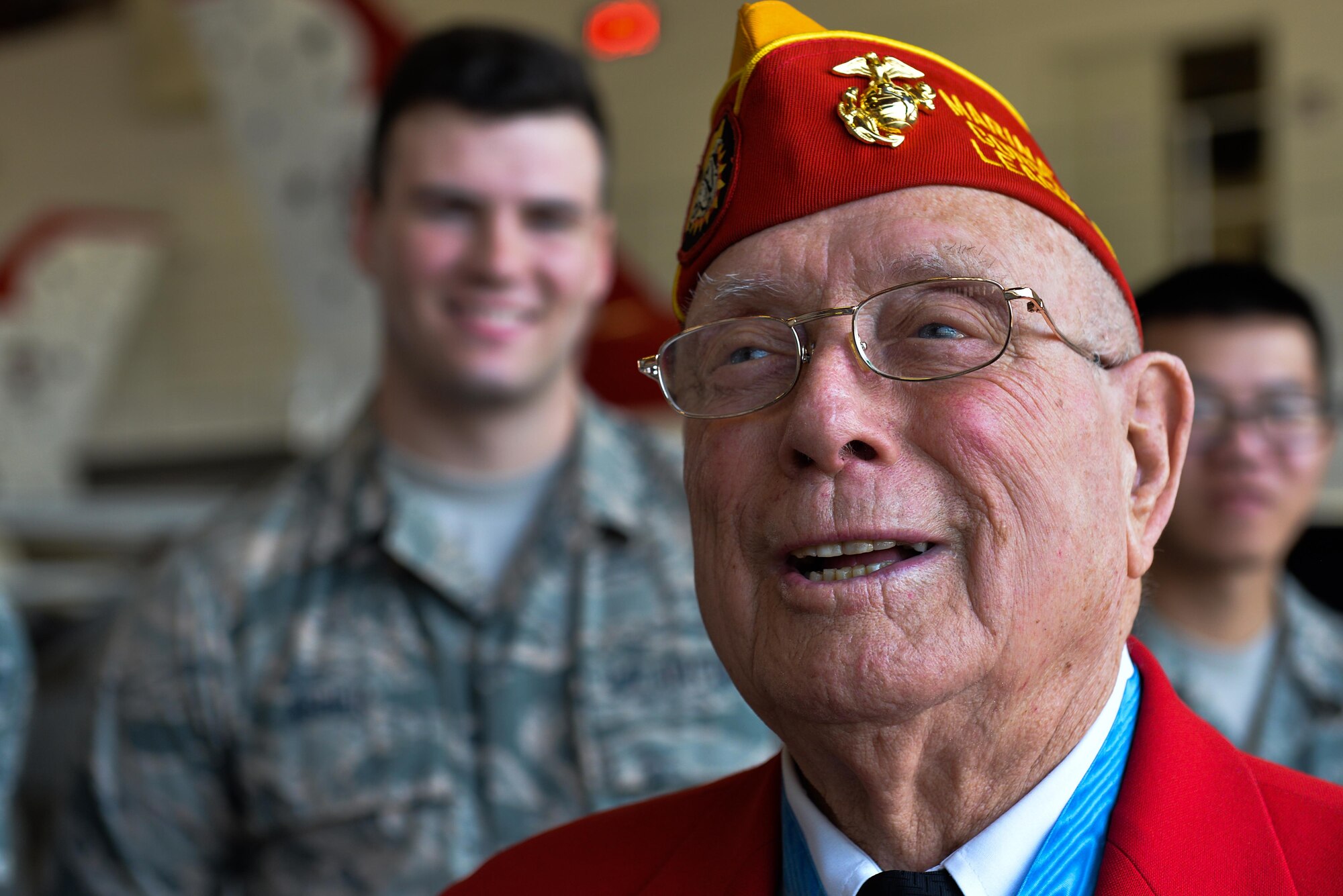 Hershel “Woody” Williams, Medal of Honor recipient, speaks to Airman at Sheppard Air Force Base, Texas, Feb. 19, 2016. Williams took a detour from the Iwo Jima reunion to visit with Airmen and speak about their oath and every day assumptions made about today’s service members. Williams was a Marine Corps corporal Feb. 21, 1945, when he used a flame thrower to clear Japanese fighting positions while U.S. forces were taking the island of Iwo Jima off the coast of Japan. (U.S. Air Force photo/Senior Airman Kyle Gese)