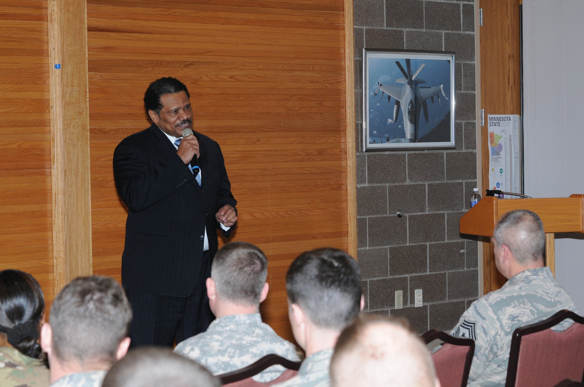 Pastor Billy G. Russell, Senior Pastor of Greater Friendship Missionary Baptist Church, Minneapolis, Minn., shares remarks with members of the Minnesota National Guard while in Duluth, Minn., on Feb. 5, 2016.  Russell was at the 148th Fighter Wing to share his experiences about the hardships he encountered growing up during racial segregation and to talk about the importance of diversity.  (U.S. Air National Guard photo by Master Sgt. Ralph Kapustka)