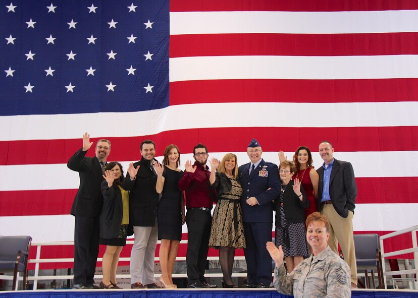 Fourth Air Force Commander Maj. Gen. John C. Flournoy presided over a recent change of command event, in which Col. Karl Goerke relinquished command to Col. Jonathan Philebaum, who is pictured at center here with his family and Senior Master Sgt. Shana Cullum, (acting executive officer in charge of the ceremony).  Flournoy opened the ceremony by thanking base and community leaders for their continued support before giving a brief hail and farewell to the incoming and outgoing commanders.

Thank you so much for being here as we bid a fond farewell to Col. Karl Goerke and welcome Col. John Philebaum, Flournoy said on February 7.

Speaking of Philebaum, he said, Whether it's on the staff or operationally, he brings to this unit a ton of experience.  (U.S. Air Force photo by Maj. Stan Paregien)