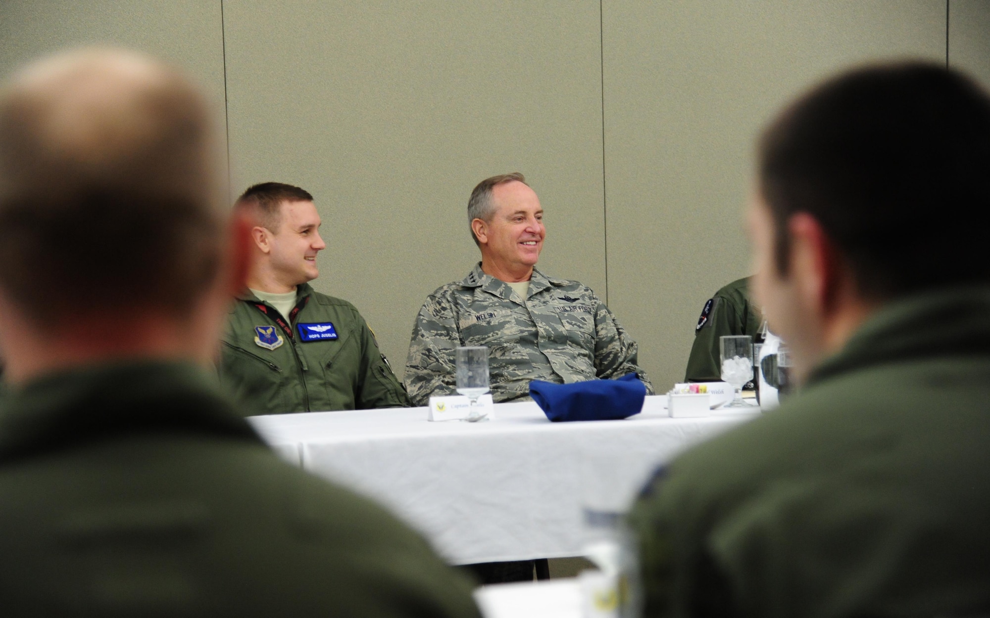 Air Force Chief of Staff Gen. Mark A. Welsh III shares a conversation with Whiteman B-2 Spirit pilots during a roundtable at Whiteman Air Force Base, Mo.  Feb. 17, 2016. Welsh stressed the importance of the strategic deterrence mission and expressed his gratitude to the pilots for their support of Whiteman’s unique B-2 mission. (U.S. Air Force photo by Senior Airman Joel Pfiester)