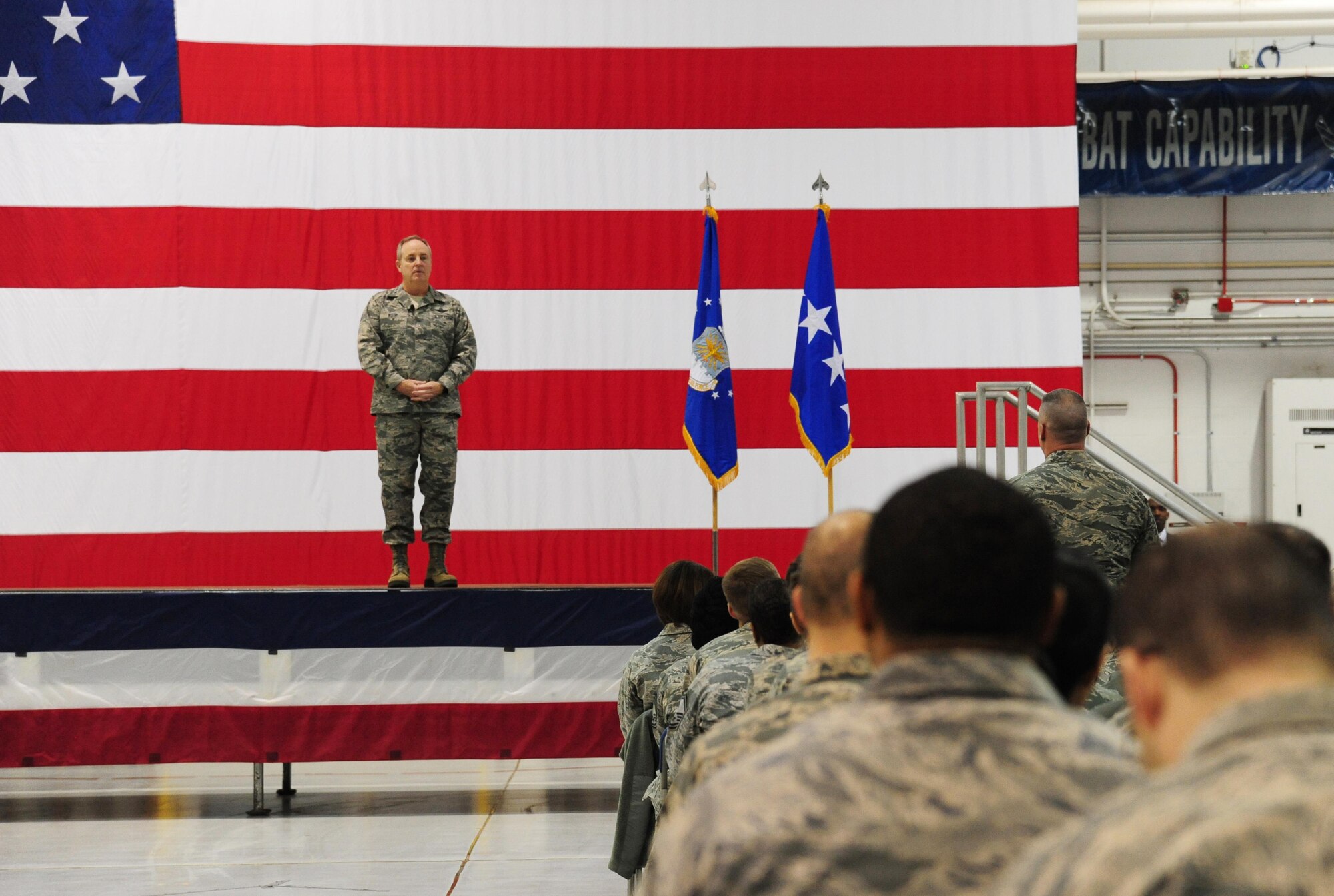 Air Force Chief of Staff Gen. Mark A. Welsh III speaks at an all call during his visit at Whiteman Air Force Base, Mo., Feb. 17, 2016. Welsh stressed the importance of executing the Global Strike mission and expressed his gratitude to the Total Force Airmen. (U.S. Air Force photo by Senior Airman Joel Pfiester)