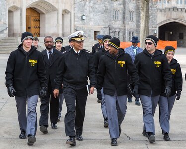 U.S. Navy Adm. Cecil D. Haney (center left), U.S. Strategic Command (USSTRATCOM) commander, speaks to cadets during a walking tour of the U.S. Military Academy West Point (USMA), N.Y., Feb. 19, 2016. During his visit, Haney led classes on leadership and international relations, held discussions with senior staff, had lunch with cadets and toured the historical USMA facility. One of nine DoD unified combatant commands, USSTRATCOM has global strategic missions, assigned through the Unified Command Plan, which include strategic deterrence; space operations; cyberspace operations; joint electronic warfare; global strike; missile defense; intelligence, surveillance and reconnaissance; combating weapons of mass destruction; and analysis and targeting. (U.S. Army photo by Staff Sgt. Vito T. Bryant)