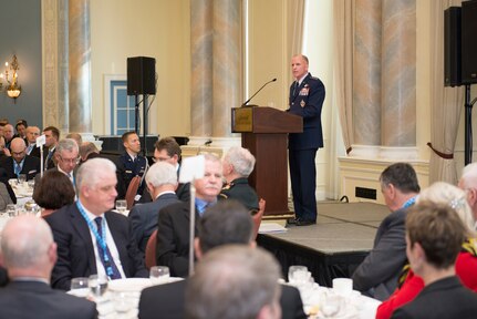 U.S. Air Force Lt. Gen. Stephen W. Wilson, U.S. Strategic Command deputy commander, addresses participants of the Conference of Defense Associations (CDA) and CDA Institute 2016 Ottawa Conference on Security and Defense during a working lunch at the Chateau Laurier, Ottawa, Ontario, Canada, Feb. 18, 2016. In his remarks, Wilson emphasized the close partnership between the United States and Canada, and the interoperability between U.S. and Canadian armed forces as they work together to address the many evolving challenges around the globe. One of nine DoD unified combatant commands, USSTRATCOM has global strategic missions, assigned through the Unified Command Plan, which include strategic deterrence; space operations; cyberspace operations; joint electronic warfare; global strike; missile defense; intelligence, surveillance and reconnaissance; combating weapons of mass destruction; and analysis and targeting. (Courtesy photo)