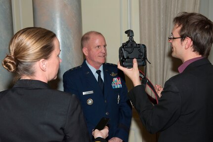 U.S. Air Force Lt. Gen. Stephen W. Wilson, U.S. Strategic Command deputy commander, participates in an interview at the Conference of Defense Associations (CDA) and CDA Institute 2016 Ottawa Conference on Security and Defense after giving a speech during a working lunch at the Chateau Laurier, Ottawa, Ontario, Canada, Feb. 18, 2016. In his remarks, Wilson emphasized the close partnership between the United States and Canada, and the interoperability between U.S. and Canadian armed forces as they work together to address the many evolving challenges around the globe. One of nine DoD unified combatant commands, USSTRATCOM has global strategic missions, assigned through the Unified Command Plan, which include strategic deterrence; space operations; cyberspace operations; joint electronic warfare; global strike; missile defense; intelligence, surveillance and reconnaissance; combating weapons of mass destruction; and analysis and targeting. (Courtesy photo)