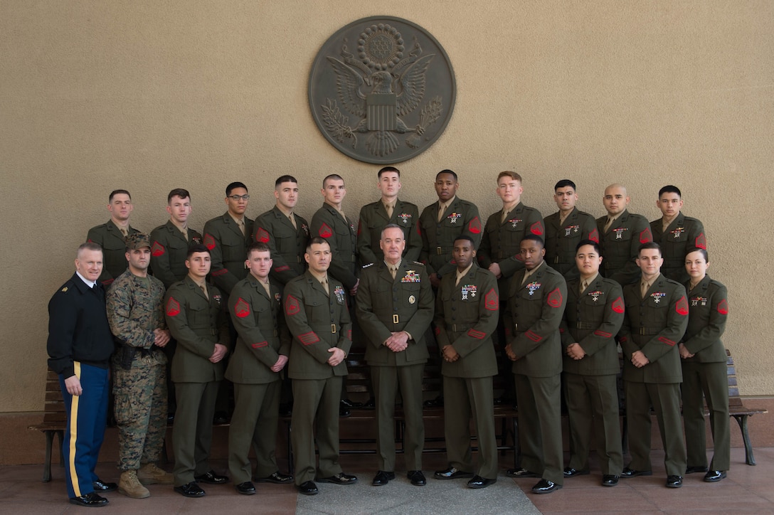 Marine Corps Gen. Joseph F. Dunford Jr., chairman of the Joint Chiefs of Staff, takes a photo with members of the Marine Guard Detachment at the U.S. embassy in Cairo, Feb. 20, 2016. Dunford also met with Egyptian military leaders and visited the Unknown Soldier Memorial. DoD photo by D. Myles Cullen
