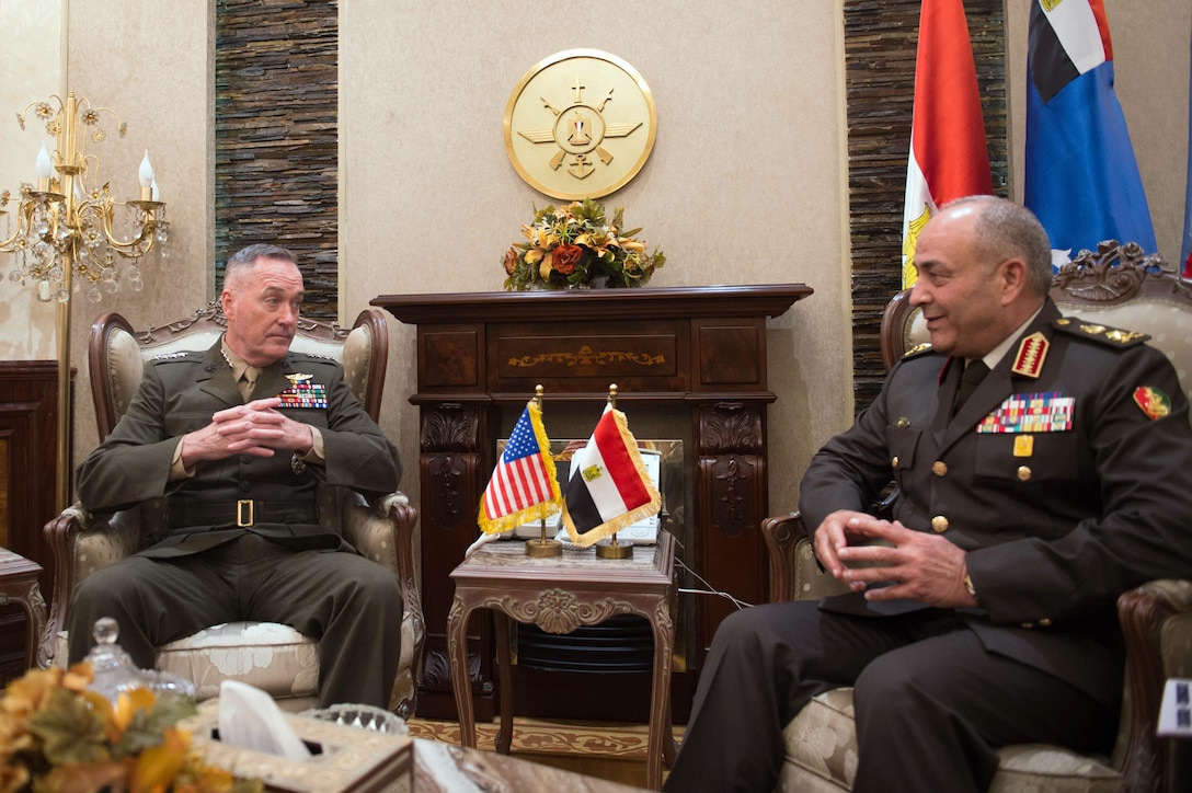 Marine Corps Gen. Joseph F. Dunford Jr., chairman of the Joint Chiefs of Staff, meets with Egyptian Chief of the Armed Forces Lt. Gen. Mahmoud Hegazy at the Ministry of Defense in Cairo, Feb. 20, 2016. DoD photo by D. Myles Cullen