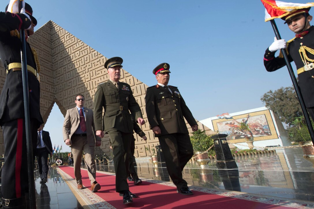 Marine Corps Gen. Joseph F. Dunford Jr., chairman of the Joint Chiefs of Staff, visits the Unknown Soldier Memorial in Cairo, Feb. 20, 2016. DoD photo by D. Myles Cullen