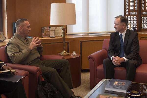 Marine Corps Gen. Joseph F. Dunford Jr., chairman of the Joint Chiefs of Staff, meets with U.S. Ambassador to Egypt Robert S. Beecroft at the U.S. Embassy in Cairo, Feb. 20, 2016. DoD photo by D. Myles Cullen
