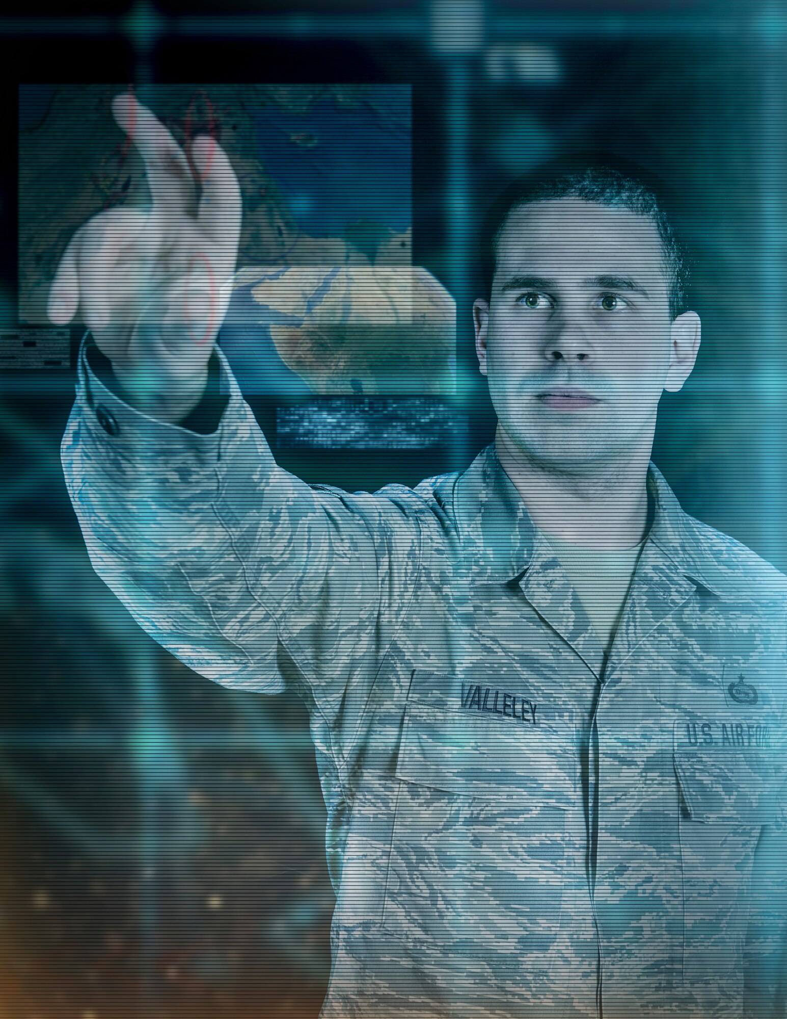 Graphic representation of Tech. Sgt. Jason Valleley, 204th intelligence analyst, as he simulates manipulating data in Google Earth. Valleley headed the development for a way to use  classified Google Earth with integrated intelligence gathered from multiple sources to aid United States' military units throughout the world. The images employed in this illustration are purely representational and do not reflect any current or past intelligence operations. (U.S. Air National Guard illustration by Senior Airman Kellyann Novak/Released)