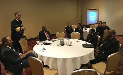U.S. Navy Adm. Cecil D. Haney, U.S. Strategic Command (USSTRATCOM) commander (standing), discusses the importance of education and life-long learning with U.S. Naval Academy (USNA) Midshipmen during a USNA &ldquo;Flag Mentoring Session&rdquo; in conjunction with the 30th Annual Black Engineer of the Year Award (BEYA) Science, Technology, Engineering and Math (STEM) Global Competitiveness Conference Awards at the Philadelphia Marriott Downtown Hotel, Philadelphia, Pa., Feb. 20, 2016. In addition to the mentoring session, Haney attended the BEYA STEM conference, which featured the Veterans Transition Initiative, a CEO Roundtable, professional seminars and a STEM career fair. Thousands of high school and college STEM students, interns, professionals, and executives attended events during the multi-day conference. One of nine DoD unified combatant commands, USSTRATCOM has global strategic missions, assigned through the Unified Command Plan, which include strategic deterrence; space operations; cyberspace operations; joint electronic warfare; global strike; missile defense; intelligence, surveillance and reconnaissance; combating weapons of mass destruction; and analysis and targeting. (U.S. Navy photo by Lt. Bailey R. Hackbarth, U.S. Naval Academy)