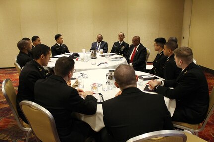 U.S. Navy Adm. Cecil D. Haney, U.S. Strategic Command (USSTRATCOM) commander (top, center right), discusses the importance of education and life-long learning with U.S. Naval Academy (USNA) Midshipmen during a USNA &ldquo;Flag Mentoring Session&rdquo; in conjunction with the 30th Annual Black Engineer of the Year Award (BEYA) Science, Technology, Engineering and Math (STEM) Global Competitiveness Conference Awards at the Philadelphia Marriott Downtown Hotel, Philadelphia, Pa., Feb. 20, 2016. In addition to the mentoring session, Haney attended the BEYA STEM conference, which featured the Veterans Transition Initiative, a CEO Roundtable, professional seminars and a STEM career fair. Thousands of high school and college STEM students, interns, professionals, and executives attended events during the multi-day conference. One of nine DoD unified combatant commands, USSTRATCOM has global strategic missions, assigned through the Unified Command Plan, which include strategic deterrence; space operations; cyberspace operations; joint electronic warfare; global strike; missile defense; intelligence, surveillance and reconnaissance; combating weapons of mass destruction; and analysis and targeting. (U.S. Navy photo by Lt. Bailey R. Hackbarth, U.S. Naval Academy)