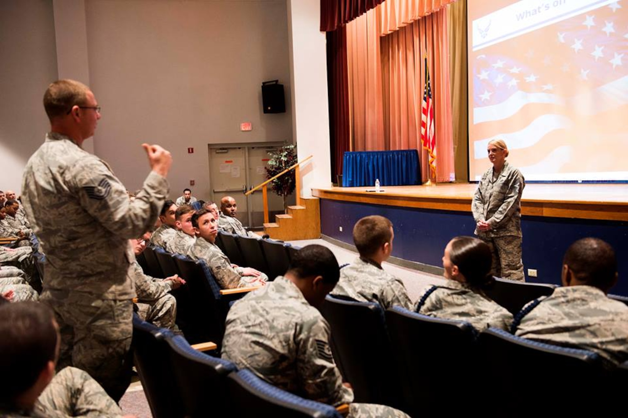Chief Master Sgt. Sharon Fuller, 37th Training Wing command chief, answers a question during an enlisted call for 37th TRW Airmen Feb. 12. During the event, the command chief formally introduced herself to the wing and discussed some of her future plans to enable 37th TRW Airmen to maintain their standard of excellence. She also took questions from the audience which ranged in topics from the developmental special duty selection process to the upkeep of technical training dorms. 
