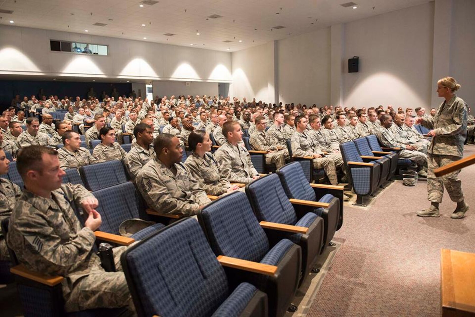 Chief Master Sgt. Sharon Fuller, 37th Training Wing command chief, speaks to the audience during an enlisted call for 37th TRW Airmen Feb. 12. During the event, the command chief formally introduced herself to the wing and discussed some of her future plans to enable 37th TRW Airmen to maintain their standard of excellence. She also took questions from the audience which ranged in topics from the developmental special duty selection process to the upkeep of technical training dorms. 