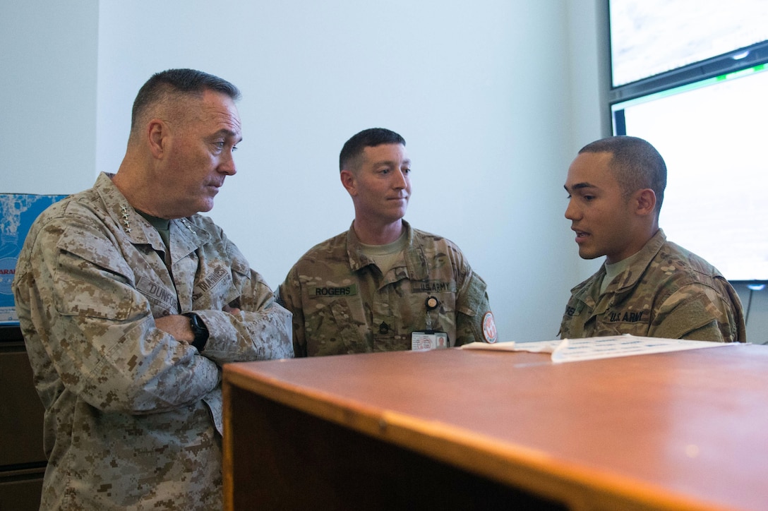 Marine Corps Gen. Joseph F. Dunford Jr., chairman of the Joint Chiefs of Staff, talks with soldiers assigned to the Multinational Force and Observers at the North Camp in the Sinai Peninsula of Egypt, Feb. 21, 2016. DoD photo by D. Myles Cullen 