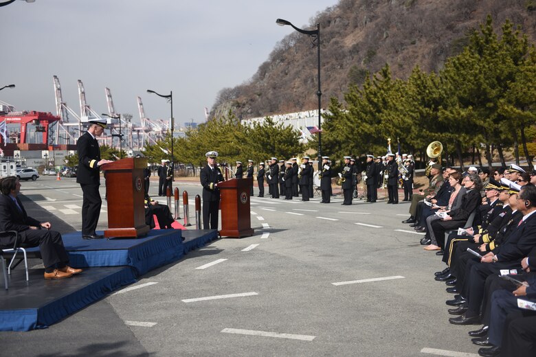Rear. Adm. Bill Byrne, commander U.S. Naval Forces Korea (CNFK) speaks during a ribbon-cutting ceremony for CNFK's new headquarters building. This ceremony marks the opening of CNFK’s new headquarters building in Busan since their relocation from Seoul as part of the greater Yongsan Relocation Plan.
