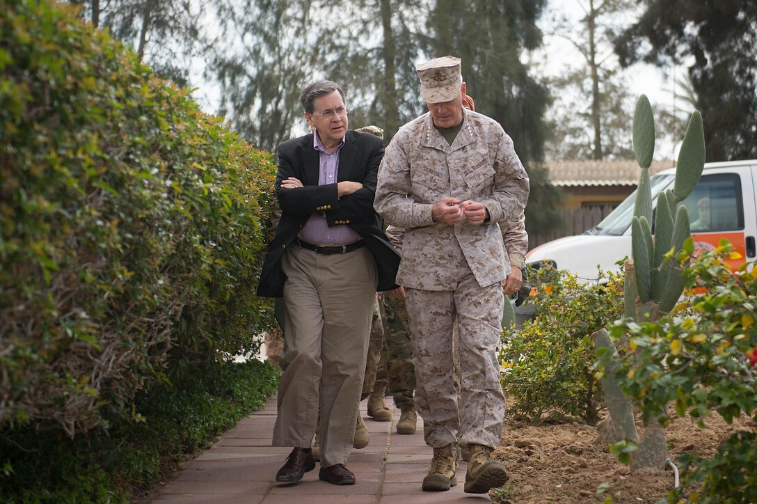 Marine Corps Gen. Joseph F. Dunford Jr., chairman of the Joint Chiefs of Staff, talks with David M. Satterfield, director general of the Multinational Force and Observers, in the Sinai Peninsula of Egypt, Feb. 21, 2016. DoD photo by D. Myles Cullen