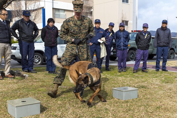 Lance Cpl. Landon Gilliam, provost marshal’s office military working dog handler with Headquarters and Headquarters Squadron, demonstrates the use of scent boxes to the officers from the Hiroshima Prefectural Police Headquarters during a joint training exercise at Marine Corps Air Station Iwakuni, Japan, Feb. 17, 2016. K-9’s are trained on scent boxes in order to get them familiar with the different scents of various explosives. Handlers and their dogs must train regularly in order to maintain operational readiness, become a more effective team and ensure the safety of everyone on the air station.
