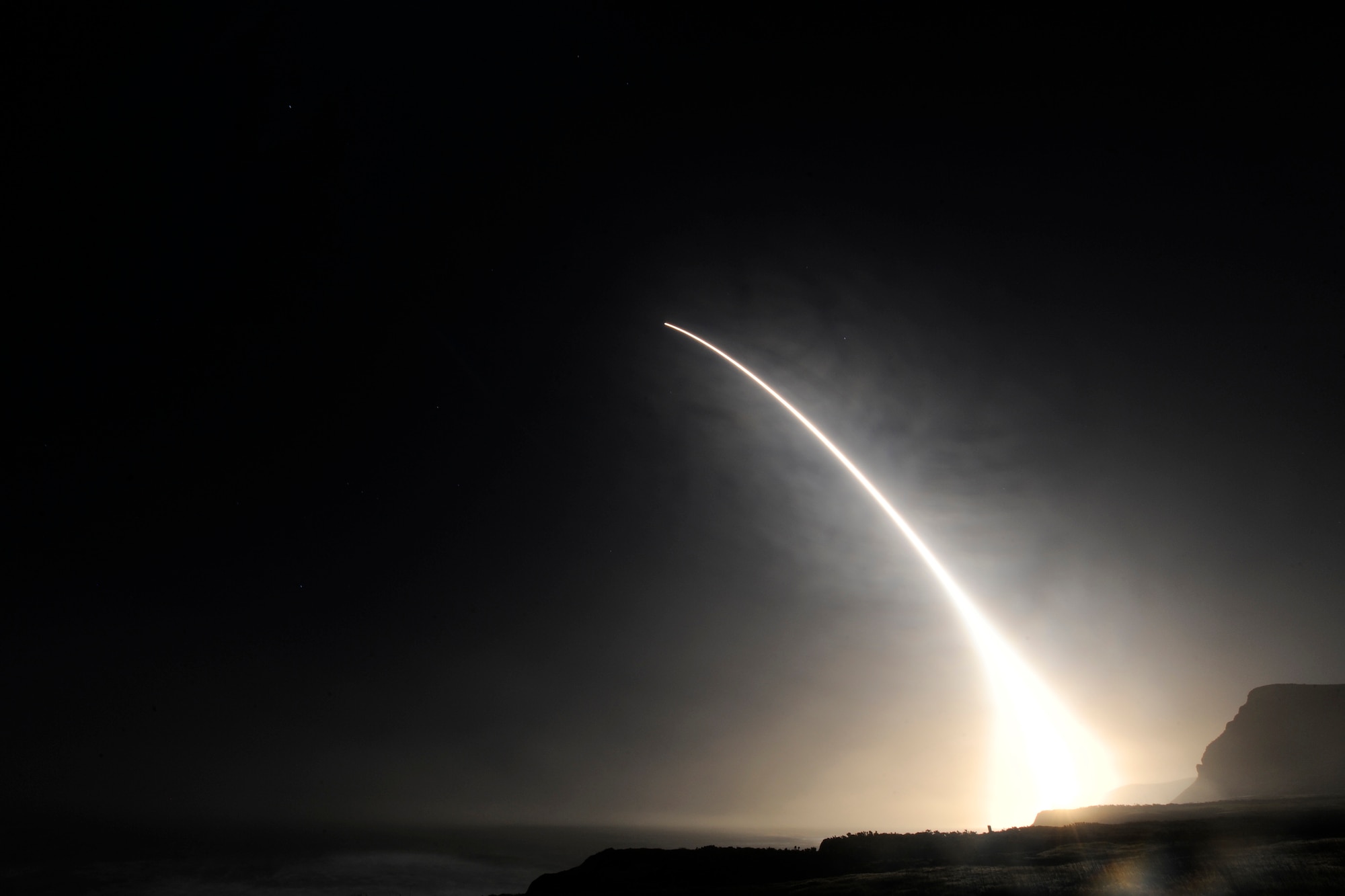 An unarmed Minuteman III intercontinental ballistic missile launches during an operational test at 11:34 p.m. PST here Feb. 20, 2016, Vandenberg Air Force Base, Calif. (U.S. Air Force Photo by Michael Peterson/Released)