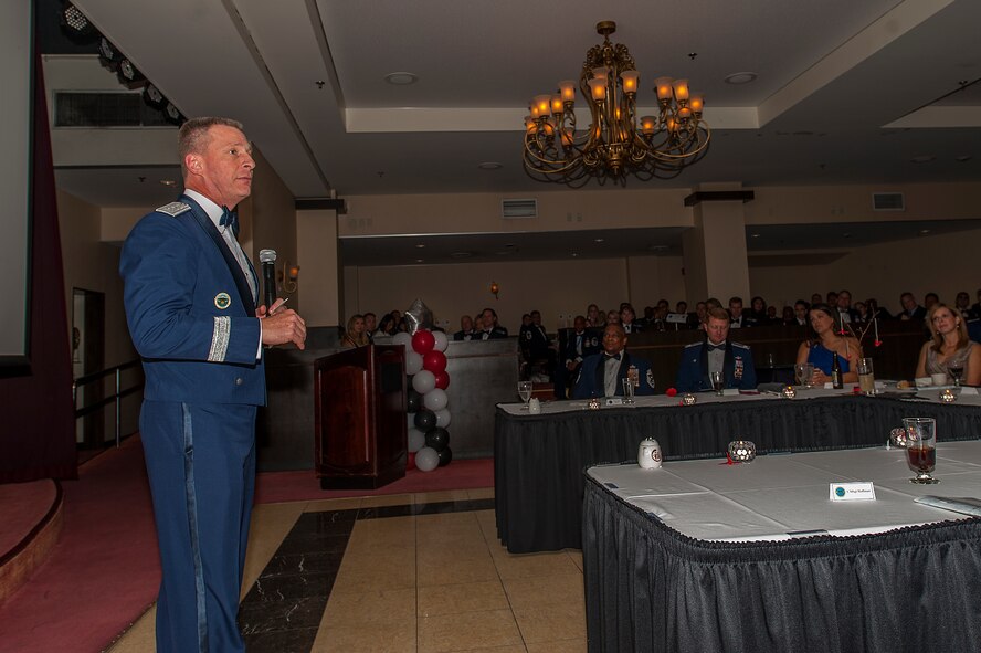 U.S. Air Force Lt. Gen. John Dolan, U.S. Forces Japan commander and 5th Air Force commander, speaks during the Kadena Annual Awards banquet Feb. 20, 2016, at Kadena Air Base, Japan. The Kadena Annual Awards recognized the top performers from Team Kadena throughout 2015. (U.S. Air Force photo by Airman 1st Class Corey M. Pettis)