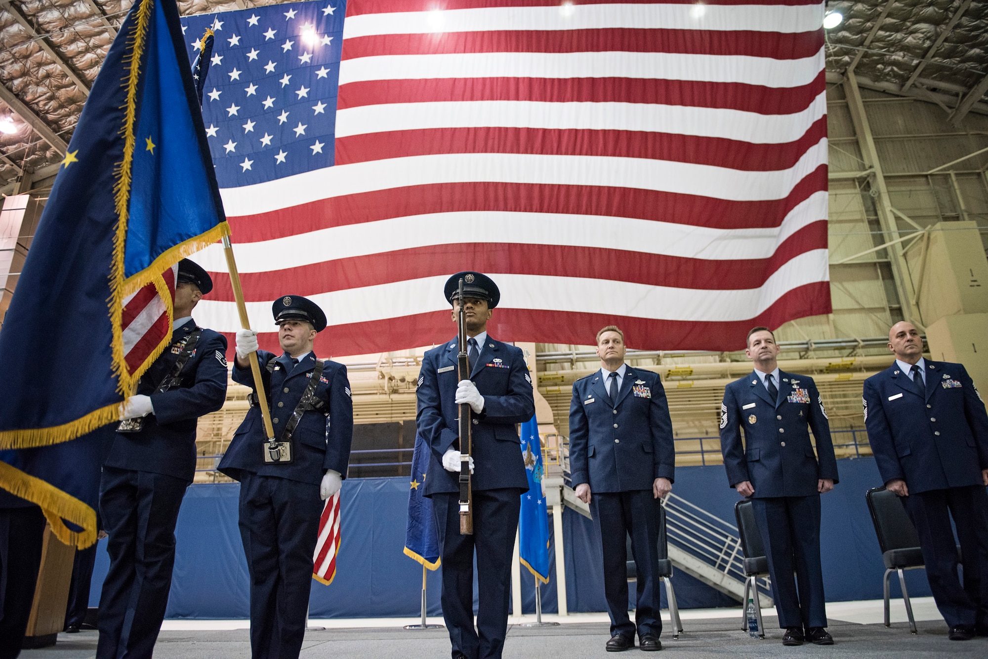 JOINT BASE ELMENDORF-RICHARDSON, Alaska — Members of the 176th Wing, Alaska Air National Guard, joined their leadership for a change of responsibility ceremony here, Feb. 20. Chief Master Sgt. David Garganta assumed the role of the Wing’s top enlisted leadership from outgoing Chief Master Sgt. Paul Nelson, who left the unit to take the top enlisted position for both the Alaska Army and Air National Guard units. (U.S. Air National Guard photo by Staff Sgt. Edward Eagerton/released)