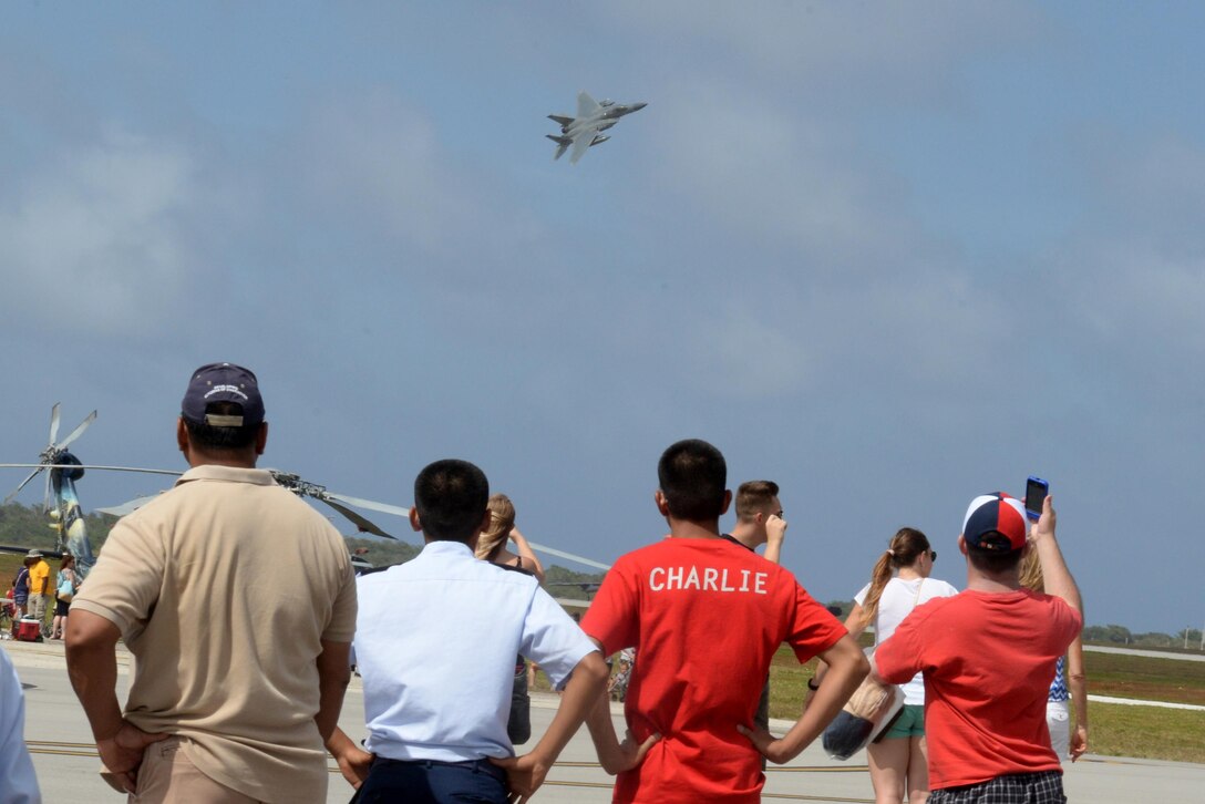 A F-15 Eagle soars through the sky Feb. 20 during the 2016 Pacific Air Partners Open House at Andersen Air Force Base, Guam. The open house aims to enhance public awareness of the military's mission, equipment, facilities and personnel and to promote positive community relations.
(U.S. Air Force Photo/Airman 1st Class Alexa Ann Henderson)
