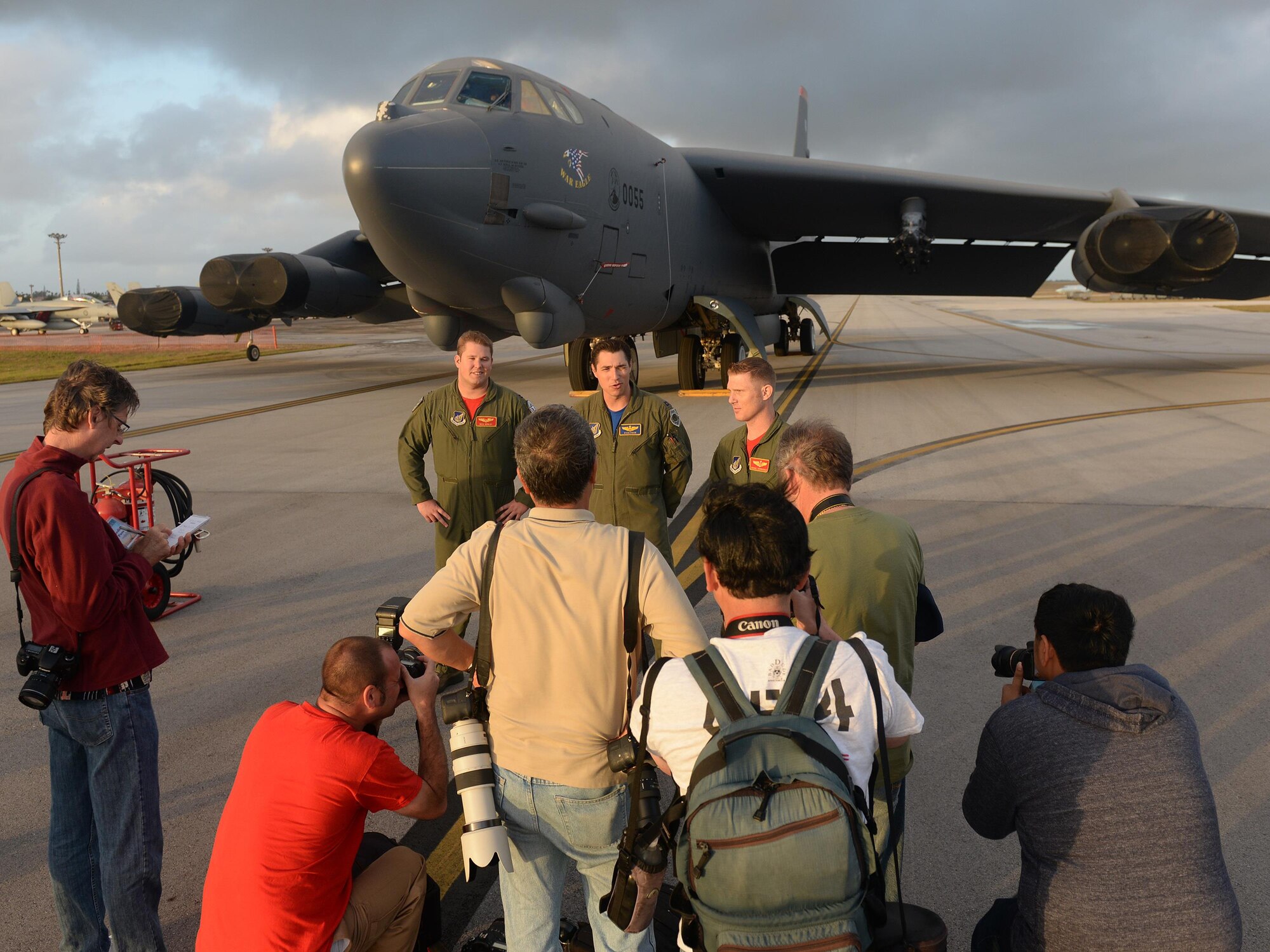 B-52 Stratofortress aviators are interviewed by local and international media members Feb. 20 before the start of the 2016 Pacific Air Partners Open House at Andersen Air Force Base, Guam. The aviators met with media members to talk about the mission of Andersen AFB, their support of EXERCISE COPE NORTH and the continuous bomber presence. (U.S. Air Force photo/Staff Sgt. Benjamin Gonsier)