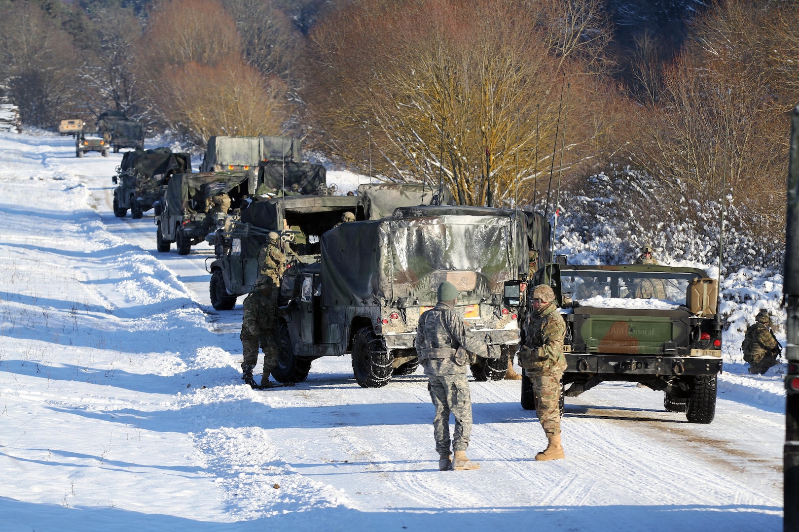 Vampire Soldiers from the Joint Multinational Readiness Center (JMRC) align vehicles in a staggered formation during a react to contact movement Jan. 22 in Allied Spirit IV, a multinational exercise at the U.S. Army’s Joint Multinational Readiness Center in Hohenfels Training Area (JMRC HTA), Germany. (U.S. Army National Guard photo by Staff Sgt. Eddie Siguenza)