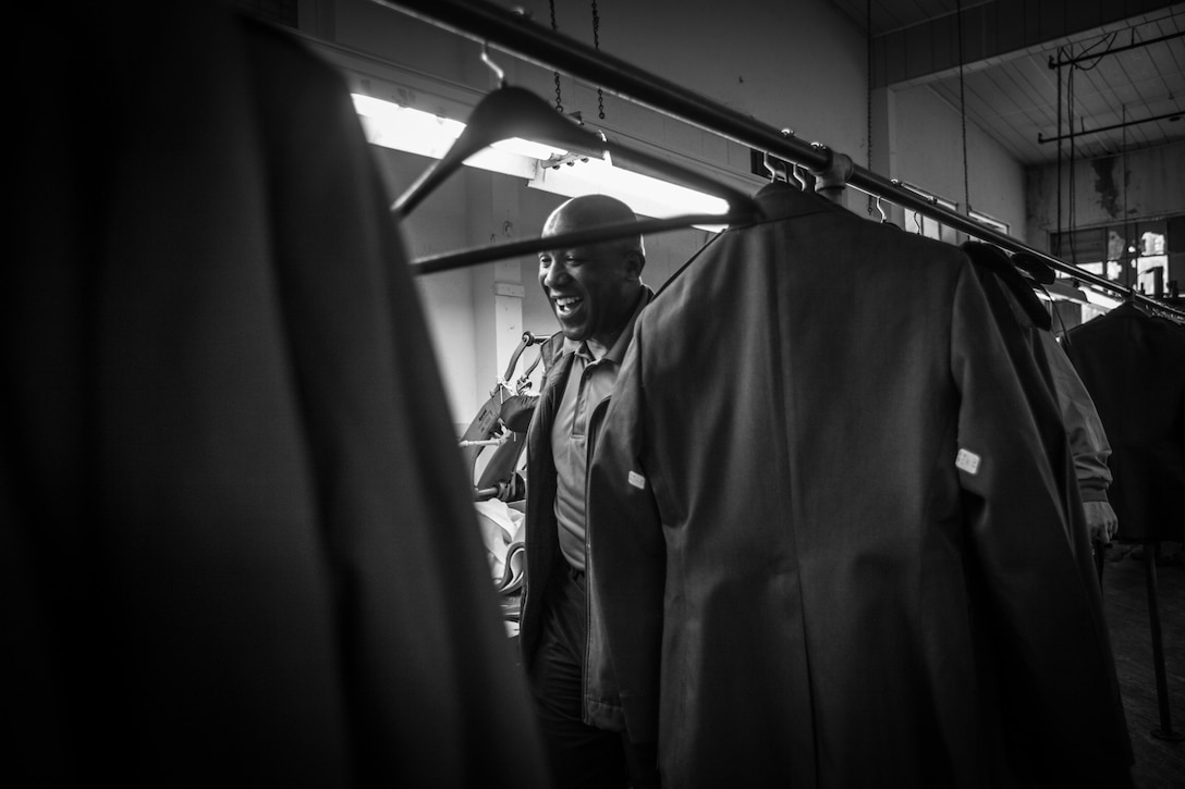 The 18th Sergeant Major of the Marine Corps, Ronald L. Green, visits personnel with Crown Clothing Company in Vineland, NJ, Feb. 17, 2016. The company is responsable for producing the Marine Corps with the Dress Blue and Service Alpha jackets.  (U.S. Marine Corps photo by Sgt. Melissa Marnell, Office of the Sergeant Major of the Marine Corps/Released)