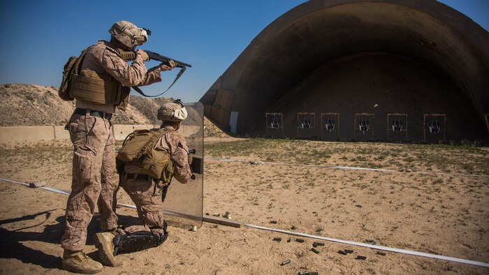 U.S. Marine Corps Lance Cpl. Andrew Decker (standing) and Lance Cpl. Kenny Trygstab with Charlie Company, 1st Battalion, 7th Marine Regiment, attached to Special Purpose Marine Air-Ground Task Force-Crisis Response-Central Command, conduct non-lethal weapons training at an undisclosed location in Southwest Asia, Feb. 2, 2016.  SPMAGTF-CR-CC Marines hone their skills in the event of non-lethal combatant operations. 