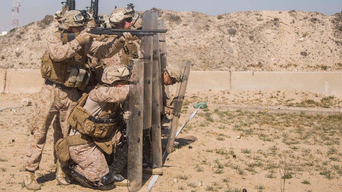 U.S. Marines with Charlie Company, 1st Battalion, 7th Marine Regiment, attached to Special Purpose Marine Air-Ground Task Force-Crisis Response-Central Command, conduct non-lethal weapons training at an undisclosed location in Southwest Asia, Feb. 2, 2016. SPMAGTF-CR-CC Marines hone their skills in the event of non-lethal combatant operations. 