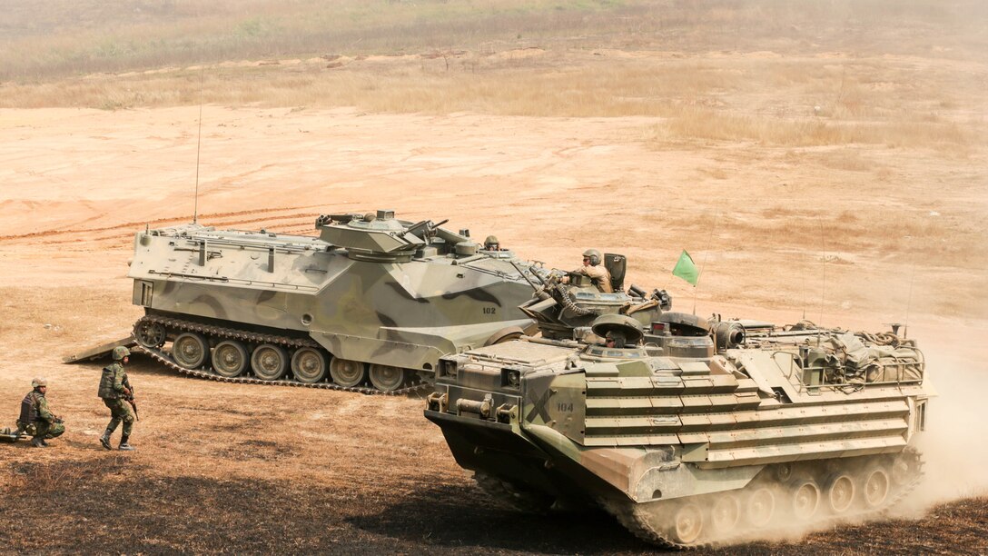 Royal Thai Marines and amphibious assault vehicles simulate a casualty evacuation during a combined arms live fire exercise at Ban Chan Khrem, Thailand, during exercise Cobra Gold, Feb. 18, 2016. Cobra Gold is a multinational training exercise developed to strengthen security and interoperability between the Kingdom of Thailand, the U.S. and other participating nations. 