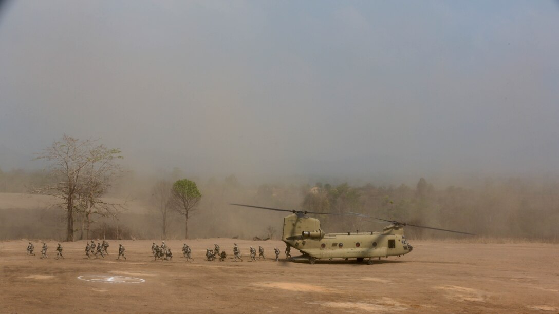 A U.S. Army CH-47 Chinook is used to transport Soldiers during a combined arms live fire exercise at Ban Chan Khrem, Thailand, during exercise Cobra Gold, Feb. 19, 2016. Cobra Gold is a multinational training exercise developed to strengthen security and interoperability between the Kingdom of Thailand, the U.S. and other participating nations. 