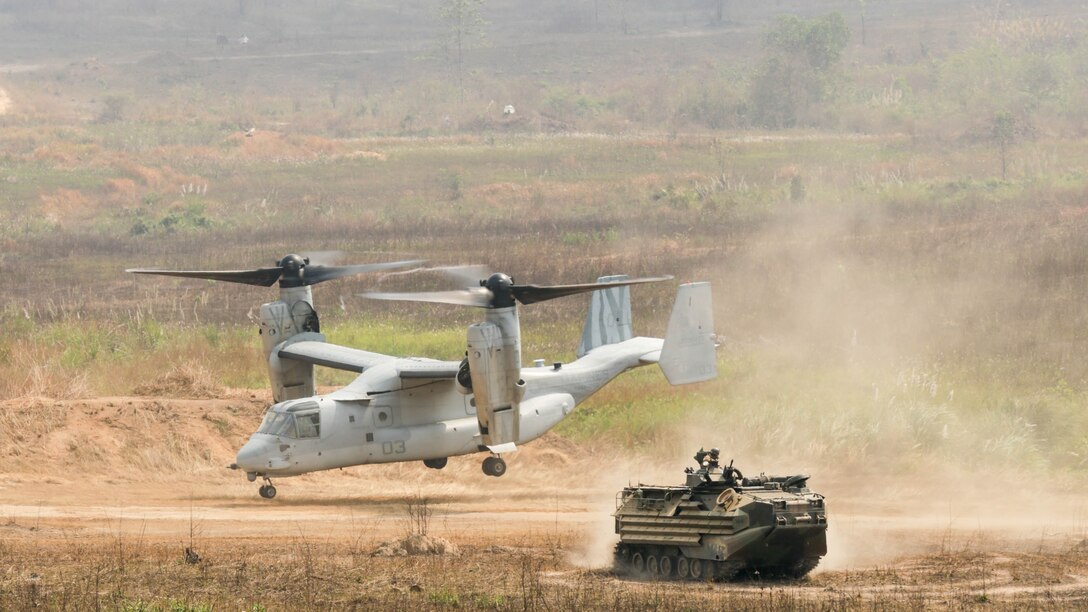 A U.S. Marine Corps MV-22B Osprey an a assault amphibious vehicles are used during a simulated casualty evacuation during a combined arms live fire exercise at Ban Chan Khrem, Thailand, during exercise Cobra Gold, Feb. 19, 2016. Cobra Gold is a multinational training exercise developed to strengthen security and interoperability between the Kingdom of Thailand, the U.S. and other participating nations. 