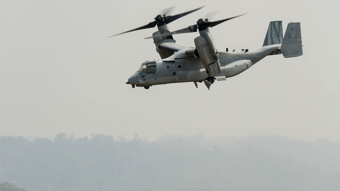 A U.S. Marine Corps MV-22B Osprey takes off during a combined arms live fire exercise at Ban Chan Khrem, Thailand, during exercise Cobra Gold, Feb. 19, 2016. Cobra Gold is a multinational training exercise developed to strengthen security and interoperability between the Kingdom of Thailand, the U.S. and other participating nations.