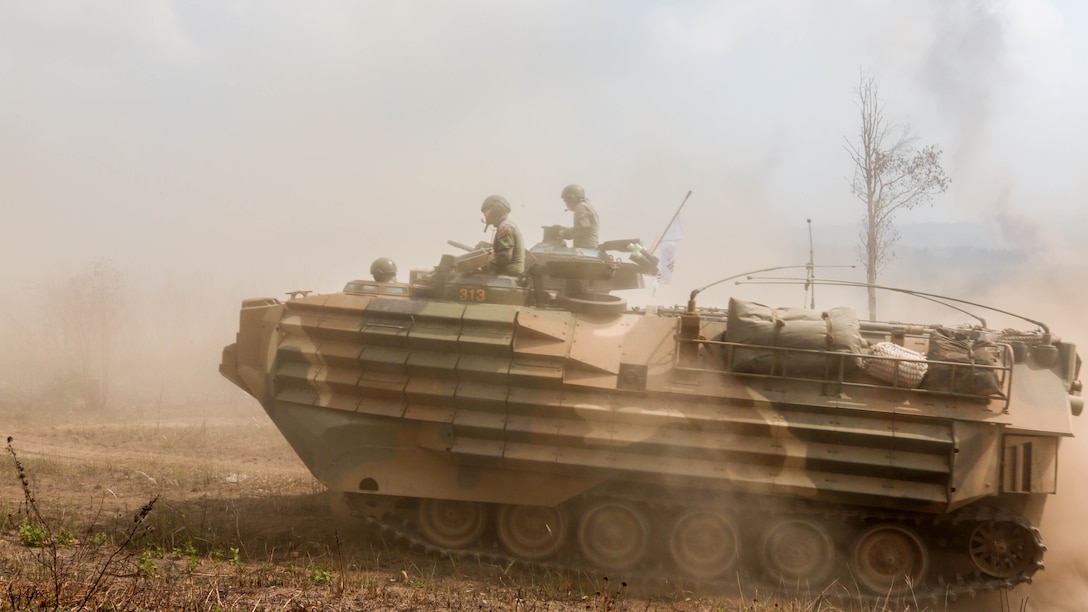 A Republic of Korea assault amphibious vehicle moves towards their objectives during a combined arms live fire exercise at Ban Chan Khrem, Thailand, during exercise Cobra Gold, Feb. 19, 2016. Cobra Gold is a multinational training exercise developed to strengthen security and interoperability between the Kingdom of Thailand, the U.S. and other participating nations.