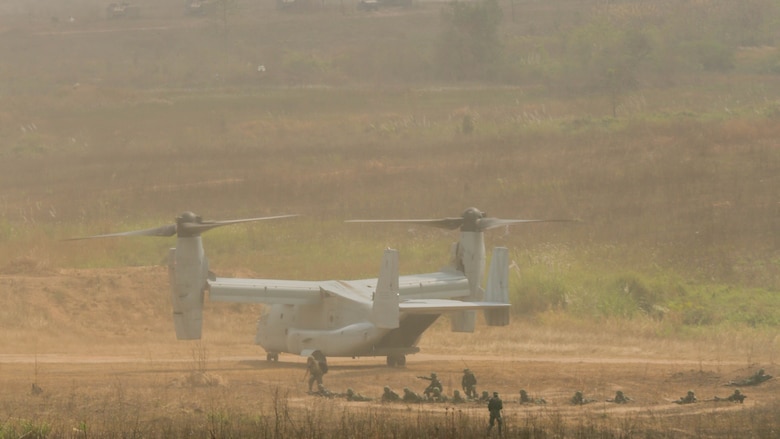 A U.S. Marine Corps MV-22B Osprey lands during a combined arms live fire exercise at Ban Chan Khrem, Thailand, during exercise Cobra Gold, Feb. 19, 2016. Cobra Gold is a multinational training exercise developed to strengthen security and interoperability between the Kingdom of Thailand, the U.S. and other participating nations. 