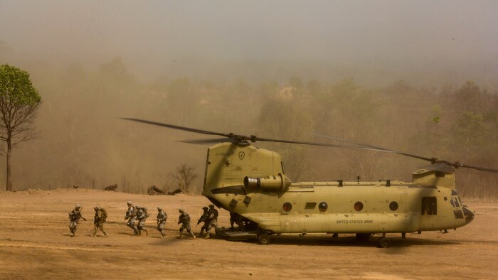 A U.S. Army CH-47 Chinook is used to transport Soldiers during a combined arms live fire exercise at Ban Chan Khrem, Thailand, during exercise Cobra Gold, Feb. 19, 2016. Cobra Gold is a multinational training exercise developed to strengthen security and interoperability between the Kingdom of Thailand, the U.S. and other participating nations. 