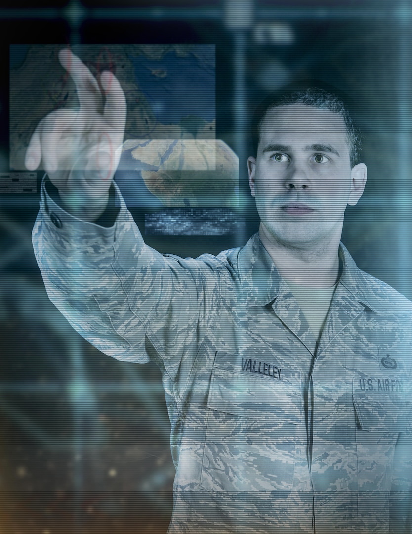 Graphic representation of Tech. Sgt. Jason Valleley, 204th intelligence analyst, as he simulates manipulating data in Google Earth. Valleley headed the development for a way to use classified Google Earth with integrated intelligence gathered from multiple sources to aid United States' military units throughout the world. The images employed in this illustration are purely representational and do not reflect any current or past intelligence operatons. (U.S. Air National Guard illustration by Senior Airman Kellyann Novak/Released)