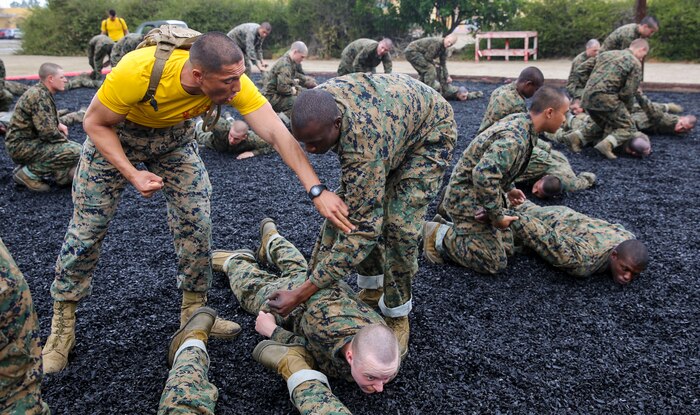 A drill instructor of Golf Company, 2nd Recruit Training Battalion, advises a recruit on how to properly execute a technique during a Marine Corps Martial Arts Program session at Marine Corps Recruit Depot San Diego, Feb. 18. Drill instructors supervised the training process to make sure each recruit used the correct technique. Annually, more than 17,000 males recruited from the Western Recruiting Region are trained at MCRD San Diego. Golf Company is scheduled to graduate April 29.
