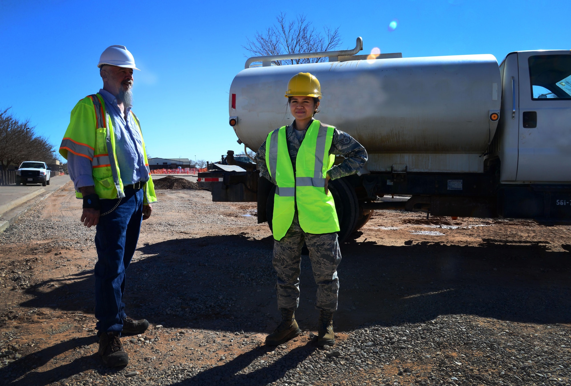 Staff Sgt. Goldie Silvestre, 27th Special Operations Contracting Squadron, surveys a construction site Feb. 10, 2016, at Cannon Air Force Base, N.M. Silvestre was recently selected for the Airman Scholarship & Commissioning Program, which means she will transition from the active-duty Air Force and join an Air Force ROTC detachment to become a full-time college student. (U.S. Air Force photo/Staff Sgt. Alexx Pons) 