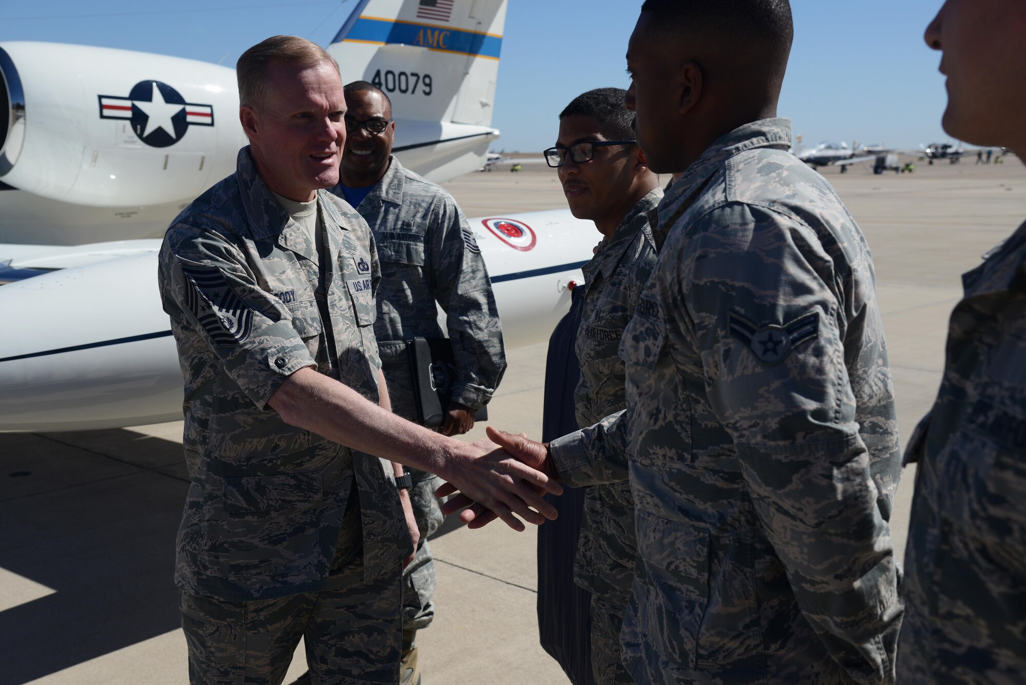 Chief Master Sgt. of the Air Force James Cody is greeted by Airmen from Laughlin Air Force Base, Texas, Feb. 12, 2016. Cody went on to host a Q-and-A session with Airmen and speak at the annual awards banquet. (U.S. Air Force photo by Airman 1st Class Brandon May)