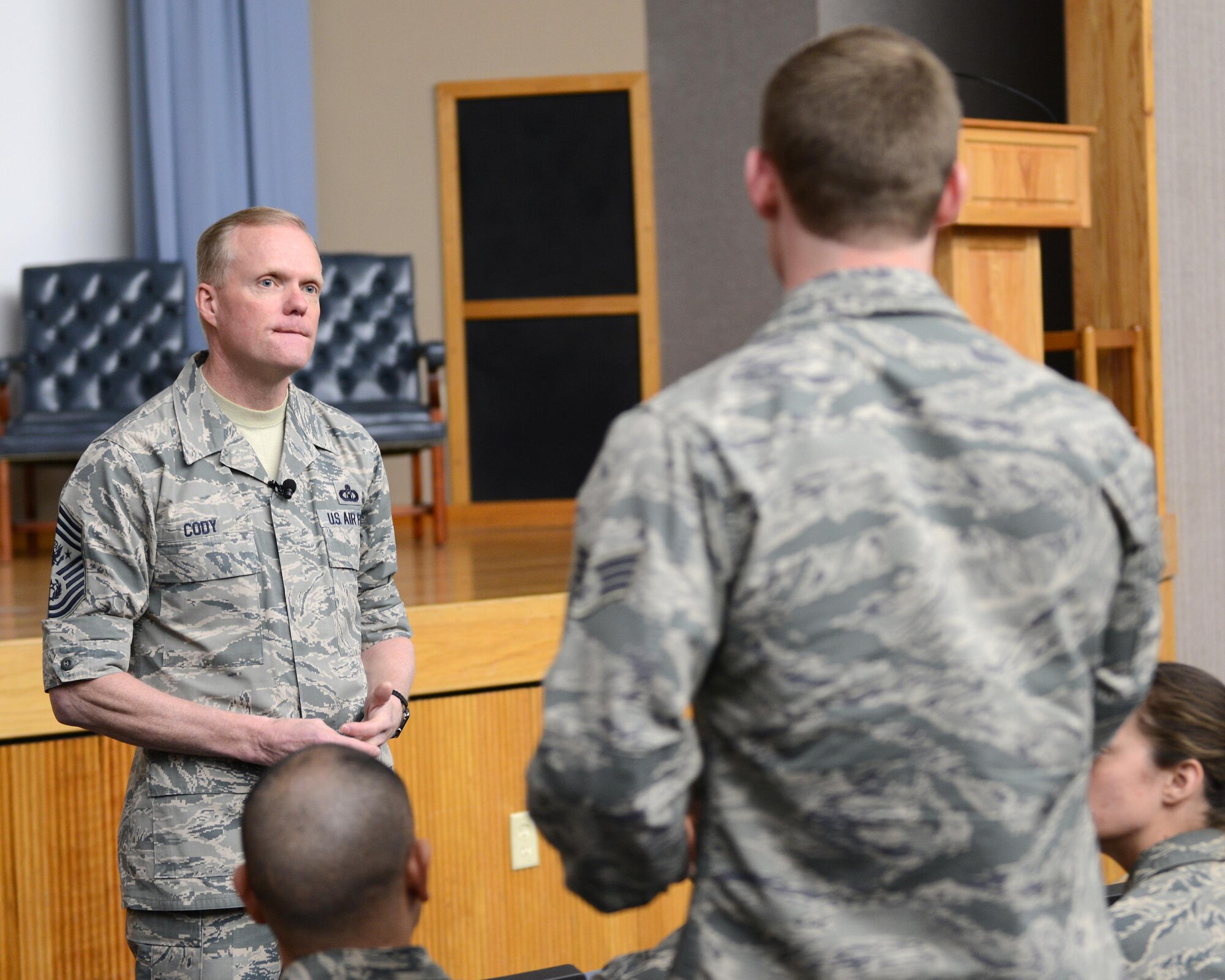 Chief Master Sgt. of the Air Force James Cody listens to a question at Laughlin Air Force Base, Texas, Feb. 12, 2016. Cody answered questions regarding the new Enlisted Performance Report system, enlisted Remotely Piloted Aircraft pilots and the overall direction of the Air Force. (U.S. Air Force photo by Senior Airman Jimmie D. Pike)