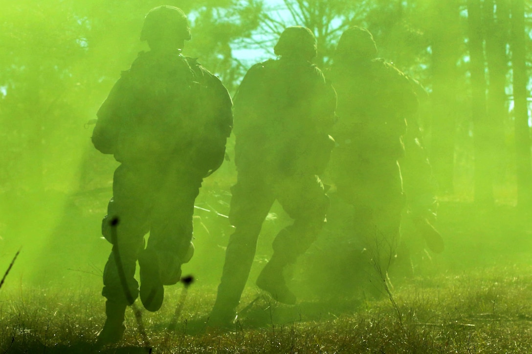 Paratroopers run through smoke to mask their movements while assaulting an objective at the Peason Ridge area of Fort Polk, La., Feb. 13, 2016. Army photo by Staff Sgt. Sean Brady