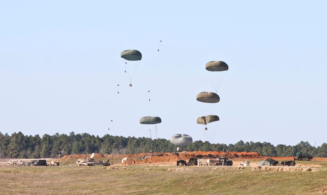 A 6th Brigade Engineer Battalion, 4th Brigade, 25th Infantry Brigade Combat Team firebase is resupplied by air at Joint Readiness Training Center on Fort Polk, La., Feb. 20, 2016.  Army photo by Staff Sgt. Daniel Love