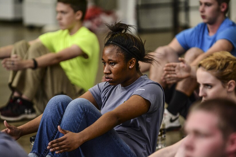 Bailee Dean, a future Soldier in the Army Reserve, performs the rower during physical readiness training at the Reserve Center in Asheville, N.C., Feb. 20, 2016. Dean was at the center to recieve an introduction to basic Army Warriors tasks as part of Future Soldiers day. The event was hosted by the 1st Battalion, 518th Infantry Regiment, 98th Training Division. (U.S. Army photo by Sgt. 1st Class Brian Hamilton)