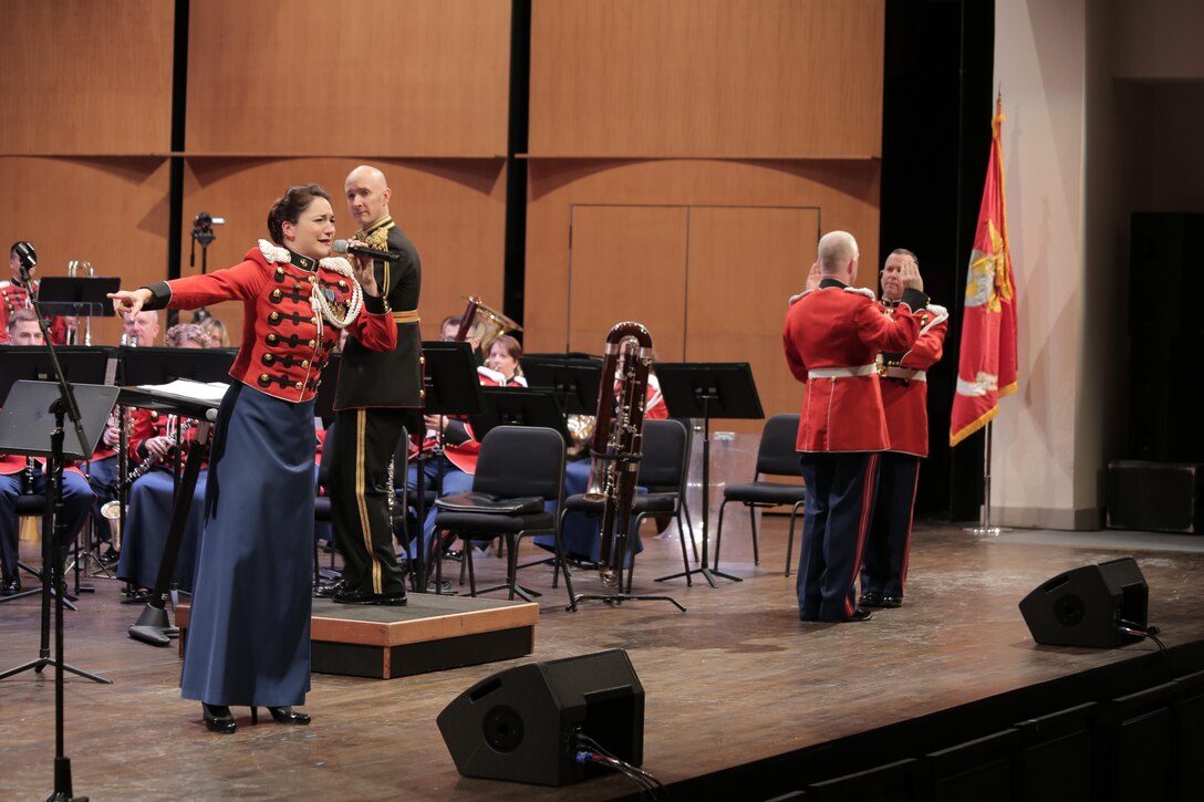 On Feb. 21, 2016, the Marine Band performed a program that celebrated musical partnerships: those that are told by the music itself and those that bring it to life on the concert stage. Features included Jess Langston Turner's Reanimations, Leonard Bernstein's "Duet for One" from A White House Cantata, and the world premiere of a new transcription of Gerard Schwarz's Rudolf and Jeanette. Maestro Schwarz was in attendance for the special occasion. (U.S. Marine Corps photo by Master Sgt. Kristin duBois/released)