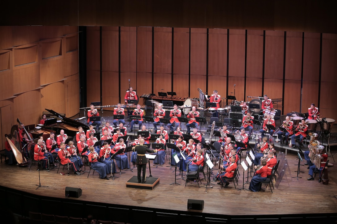 On Feb. 21, 2016, the Marine Band performed a program that celebrated musical partnerships: those that are told by the music itself and those that bring it to life on the concert stage. Features included Jess Langston Turner's Reanimations, Leonard Bernstein's "Duet for One" from A White House Cantata, and the world premiere of a new transcription of Gerard Schwarz's Rudolf and Jeanette. Maestro Schwarz was in attendance for the special occasion. (U.S. Marine Corps photo by Master Sgt. Kristin duBois/released)
