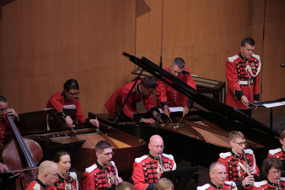 On Feb. 21, 2016, the Marine Band performed a program that celebrated musical partnerships: those that are told by the music itself and those that bring it to life on the concert stage. Features included Jess Langston Turner's Reanimations, Leonard Bernstein's "Duet for One" from A White House Cantata, and the world premiere of a new transcription of Gerard Schwarz's Rudolf and Jeanette. Maestro Schwarz was in attendance for the special occasion. (U.S. Marine Corps photo by Master Sgt. Kristin duBois/released)