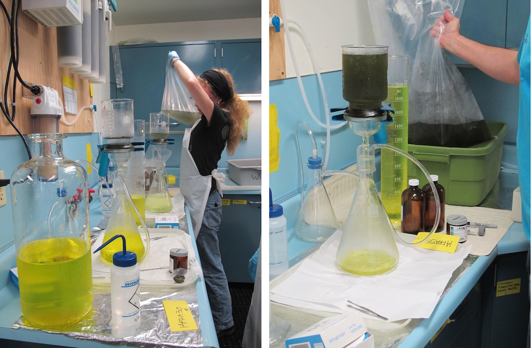 After insensitive munitions testing, Cold Regions Research and Engineering (CRREL) researchers filter post-detonation samples in the CRREL field lab.